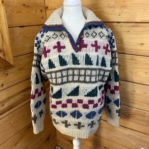 Vintage Wool Handmade Fair Isle Nordic Cream Multicolor Fisherman Sweater Shapes